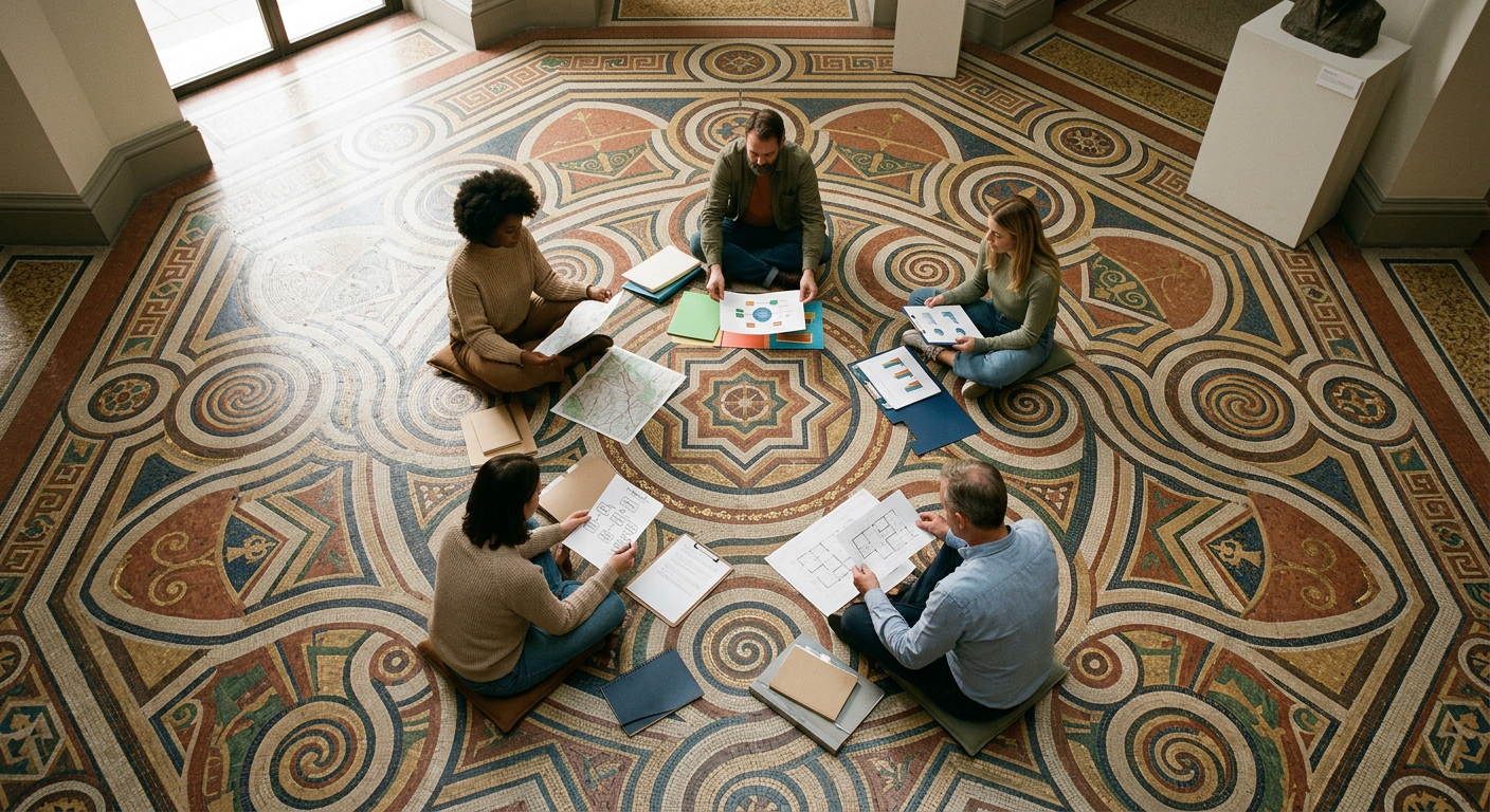 Aerial view of five people analyzing numerology chart numbers including Life Path and Expression Number