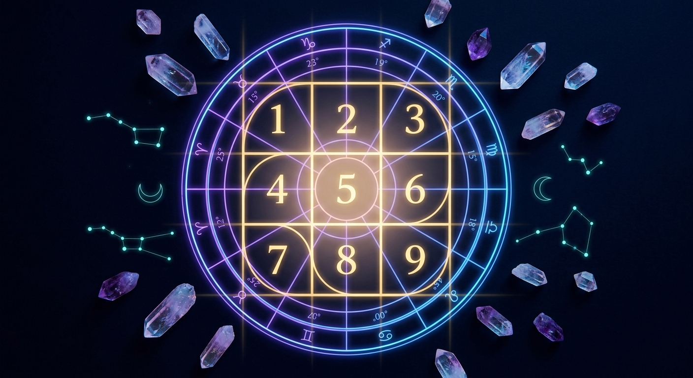 Overhead view of natal chart wheel overlapping Pythagorean Numerology grid with neon accents on dark background