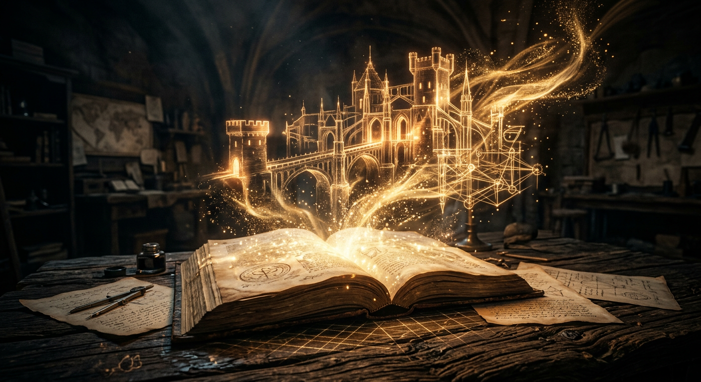Flowing light streams from open numerology book forming Master Number 22 architectural symbols