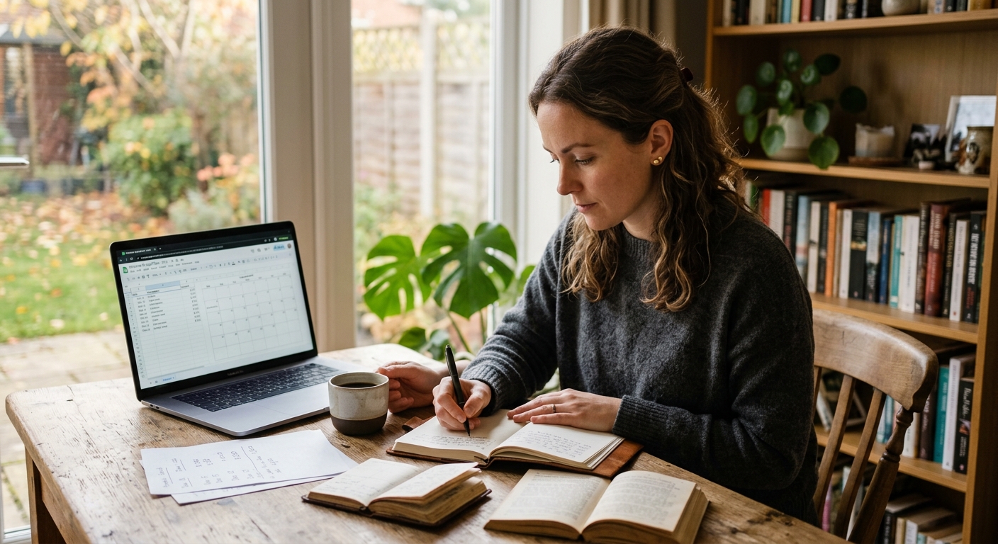 Woman using a numerology forecast journal and Life Path Number calculator tools in 2025