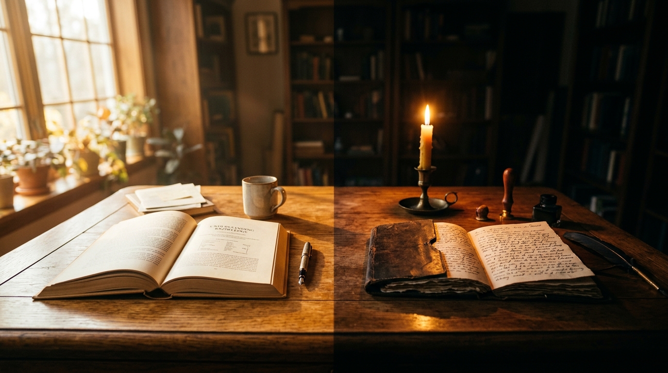 Numerology books and shadow work journaling tools under dramatic contrast lighting