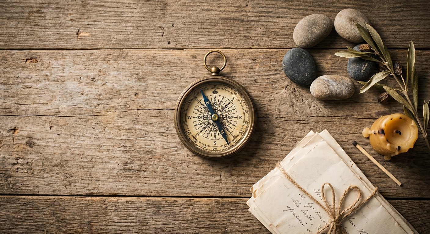Overhead flat-lay of compass isolated from grouped objects, symbolizing Life Path 1 independence archetype