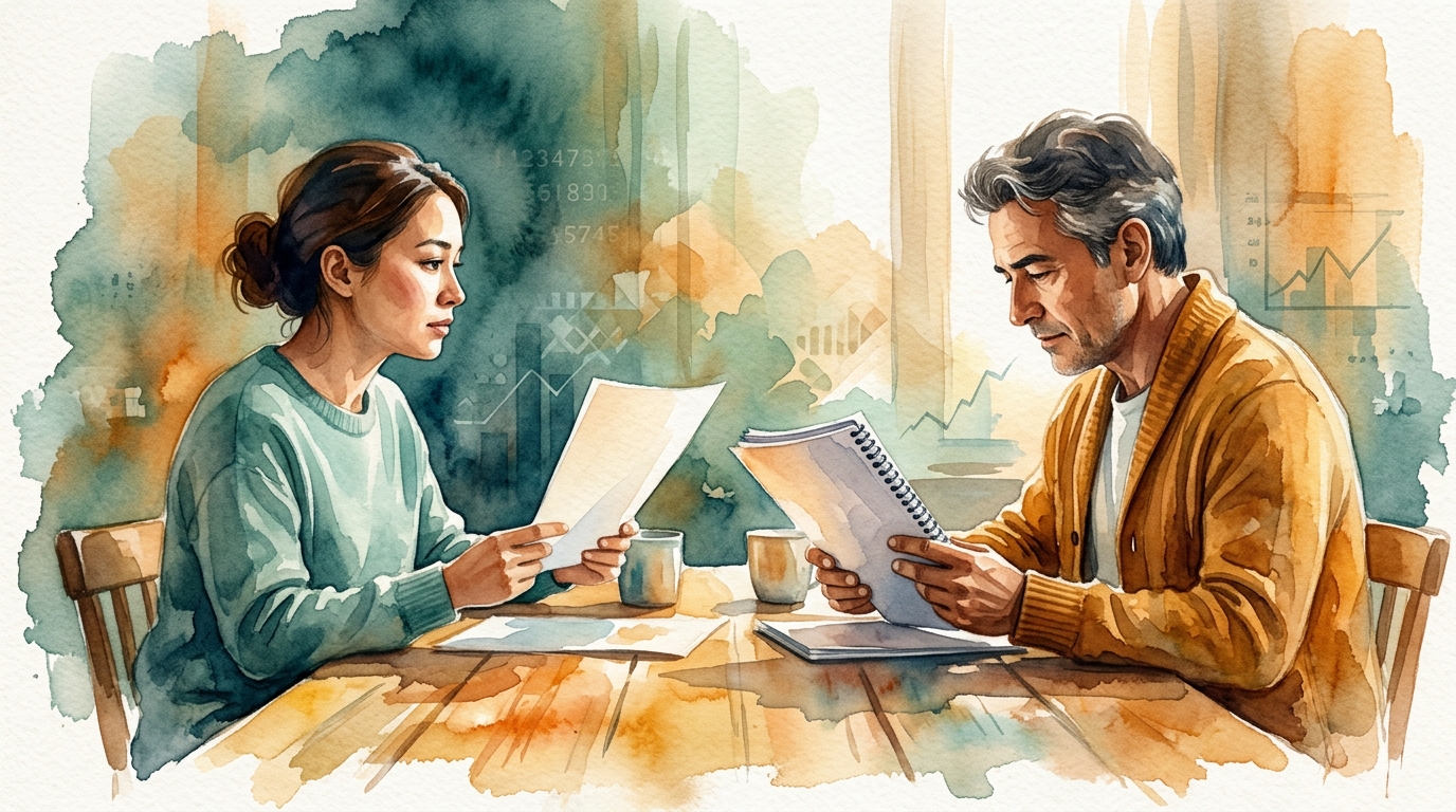 Two people comparing a free numerology chart and a paid Pinnacle Numbers PDF report