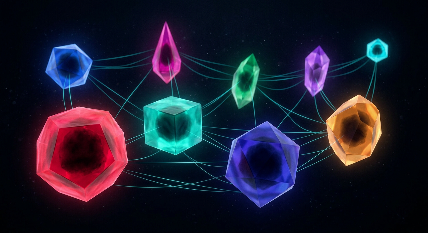 Abstract translucent geometric forms showing numerology shadow patterns with hidden dark cores, Life Path 6 and Life Path 9