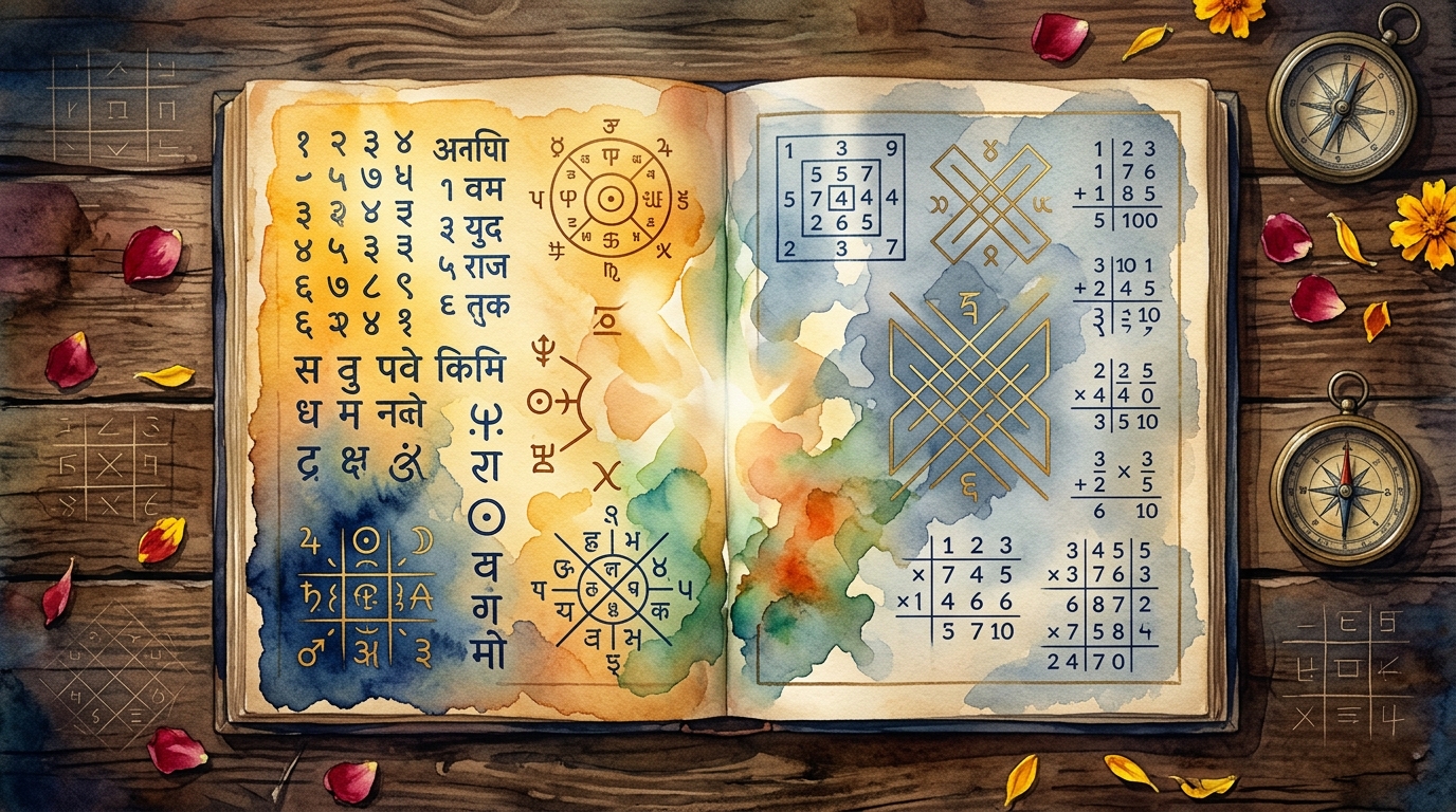 Chaldean and Pythagorean numerology manuscripts side by side with Vedic planetary symbols