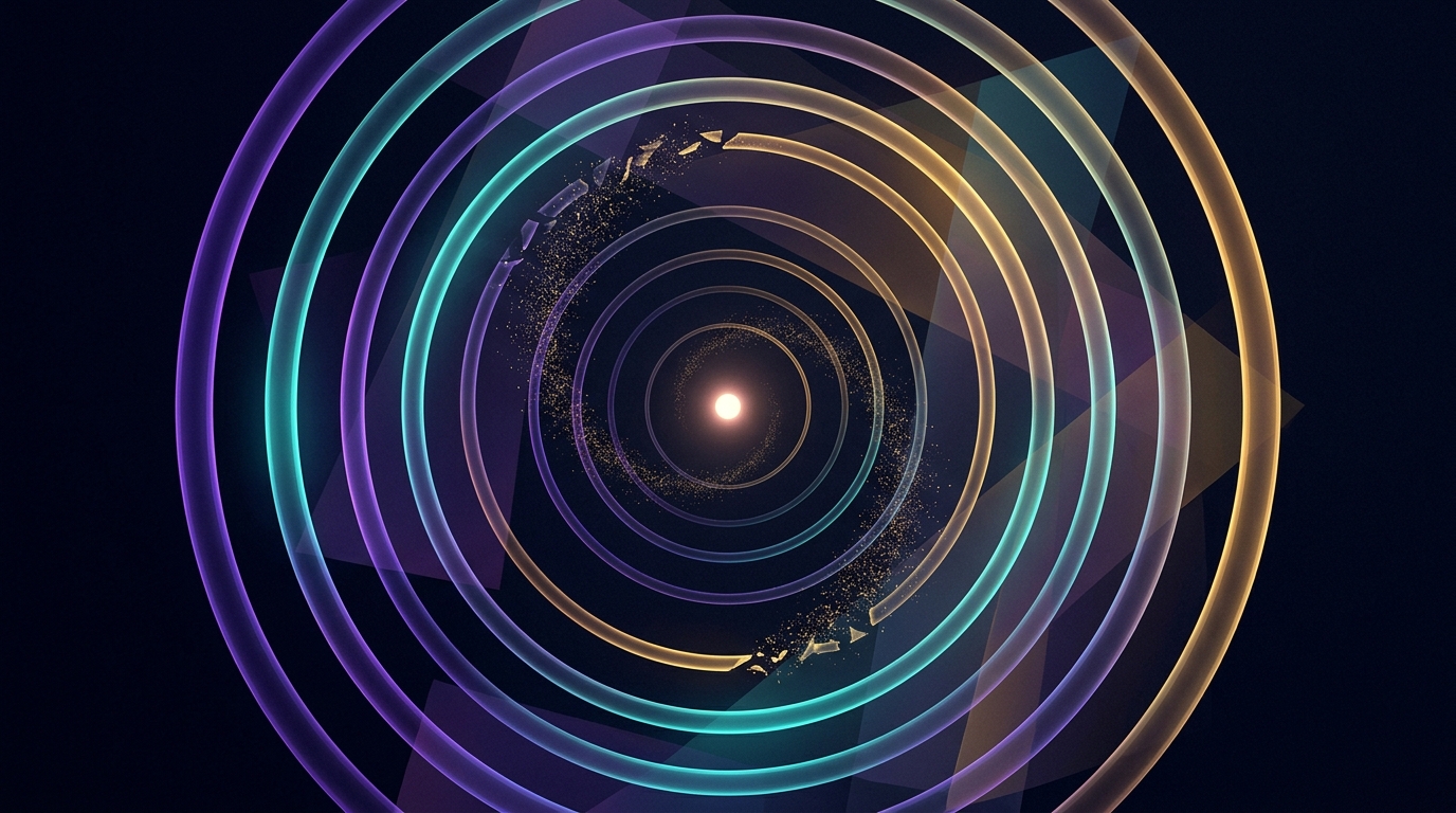 Abstract spiral of neon rings dissolving inward, symbolizing the 2025 numerology completion cycle and Universal Year 9