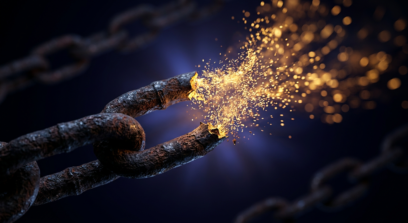 Macro close-up of breaking chain symbolizing karmic debt 14 and freedom from impulsivity