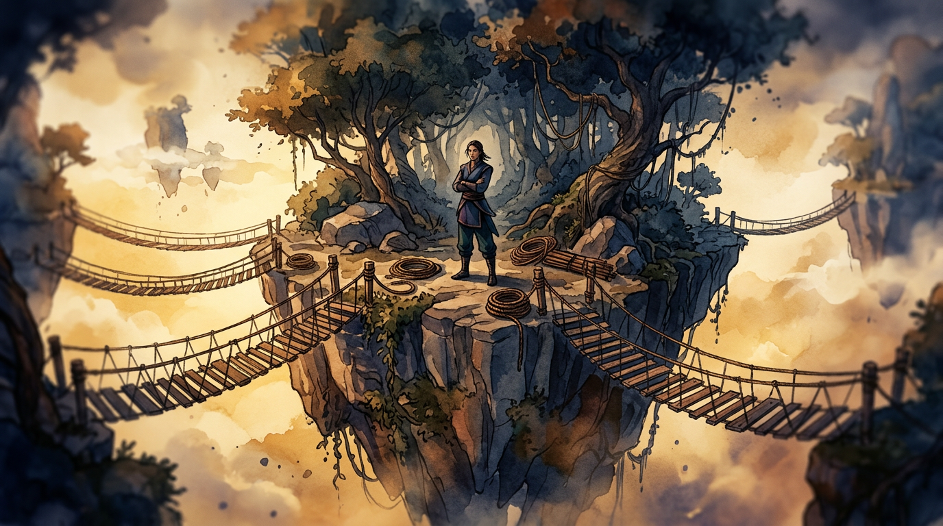 Watercolor illustration of isolated figure surrounded by retracted bridges symbolizing karmic debt 19 independence