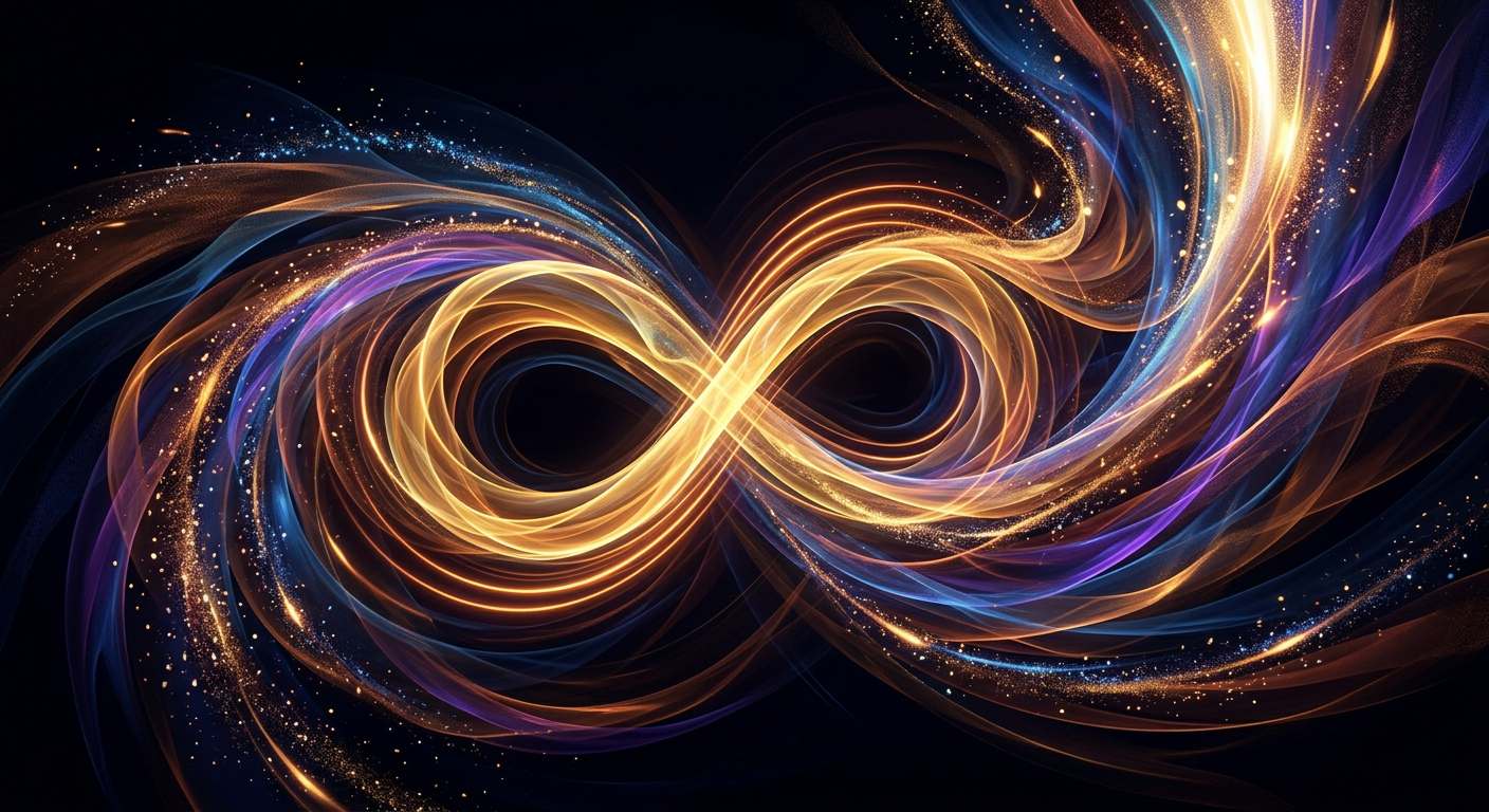 Abstract glowing figure-8 energy loop evoking Beyoncé and Picasso's Life Path 8 power