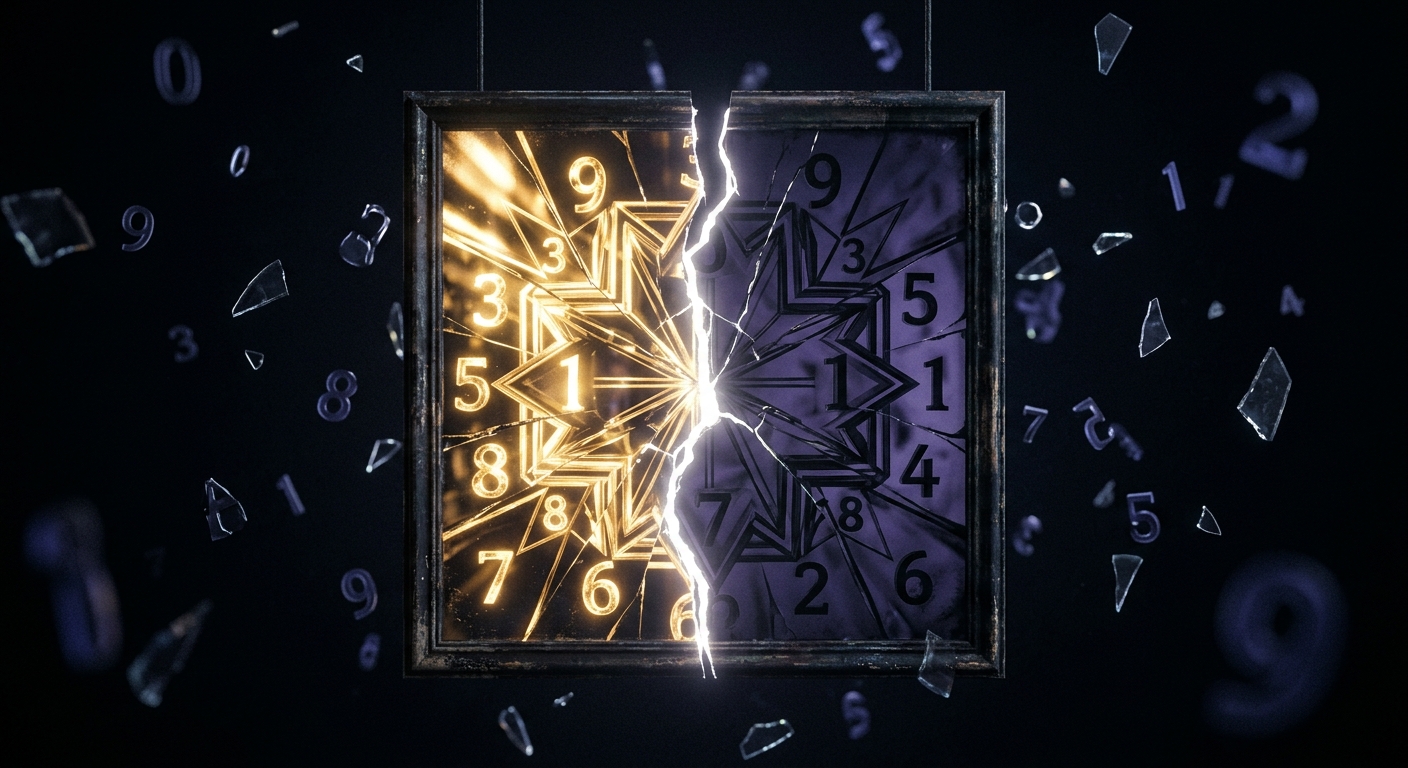Cracked mirror showing Carl Jung shadow and numerology archetypes in light and dark