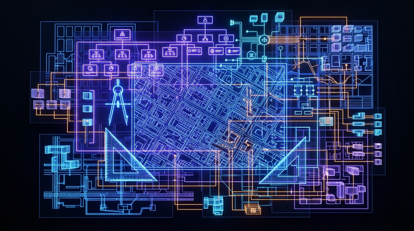 Overhead view of glowing blueprints and Master Builder career alignment symbols in neon