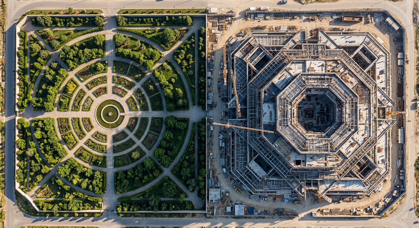 Aerial view of geometric architecture beside garden courtyard — Master Number 22 relationship numerology