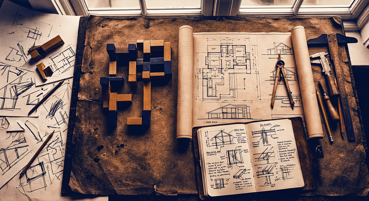 Overhead flat-lay of architectural blueprints and Master Builder archetype numerology tools in duotone