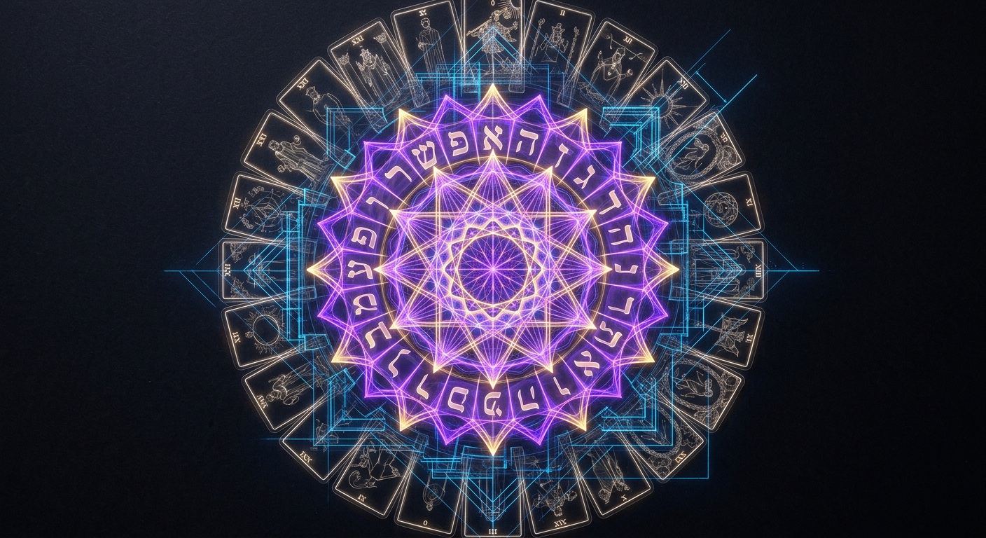 Sacred geometry mandala with Kabbalah Hebrew letters and Tarot Major Arcana overlaid in neon