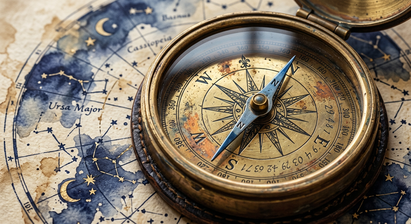 Macro view of brass compass over natal chart parchment showing Life Path Number symbols