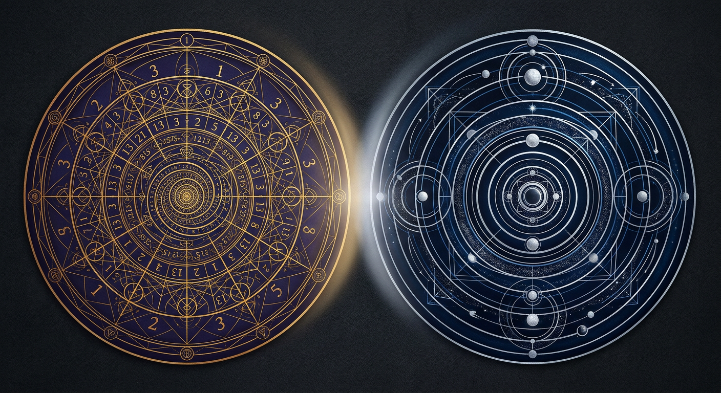 Abstract aerial view of numerology spiral and natal chart wheel side by side in gold and silver