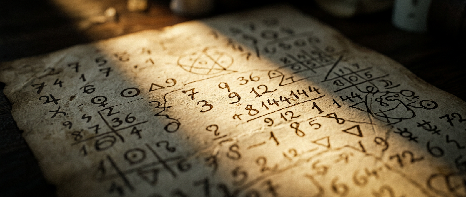 Close-up of a handwritten numerology chart with spiritual meaning of numbers on aged parchment