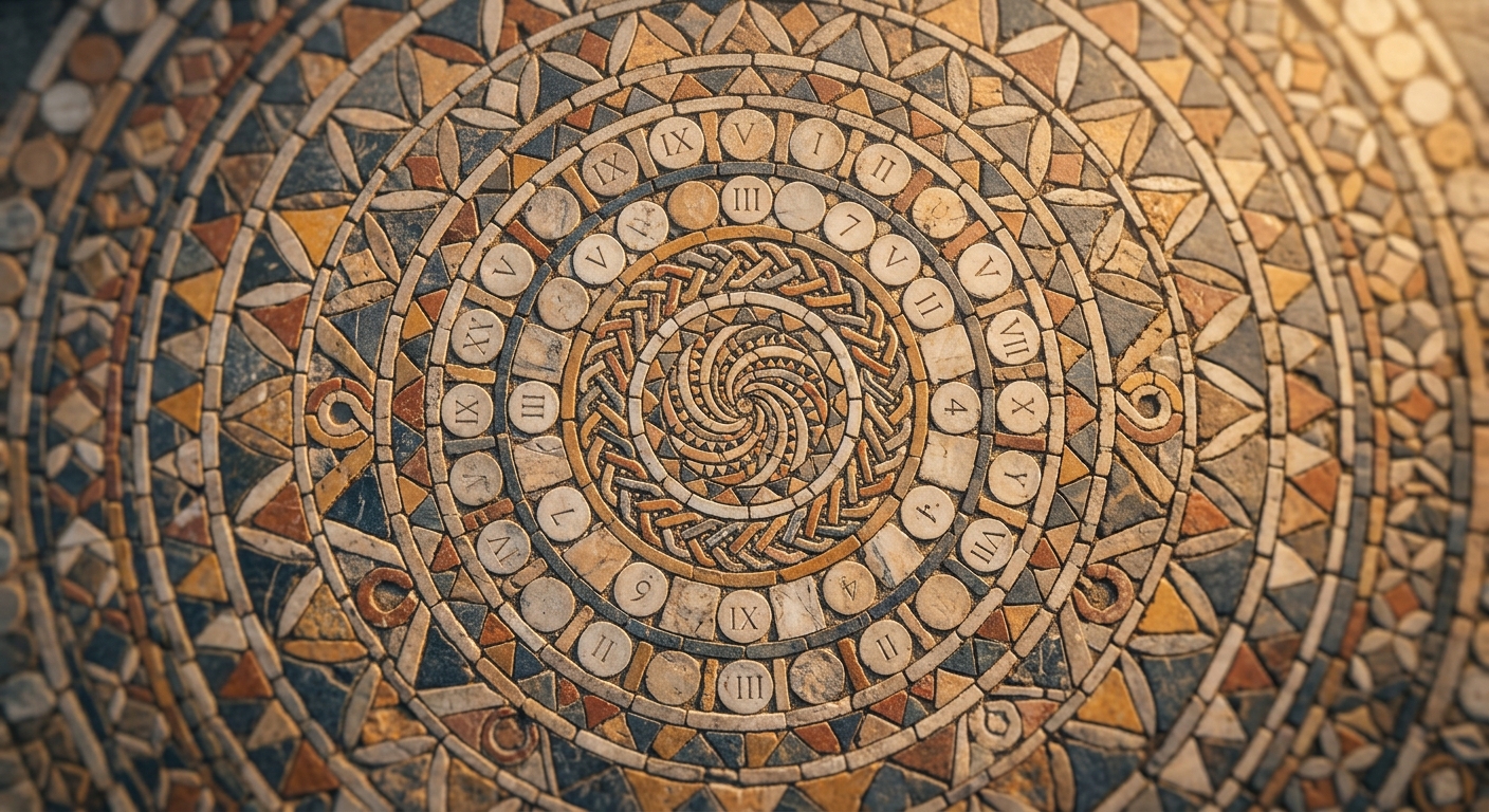 Aerial macro view of stone mosaic with Pythagorean numerology geometric patterns and Life Path Number symbols