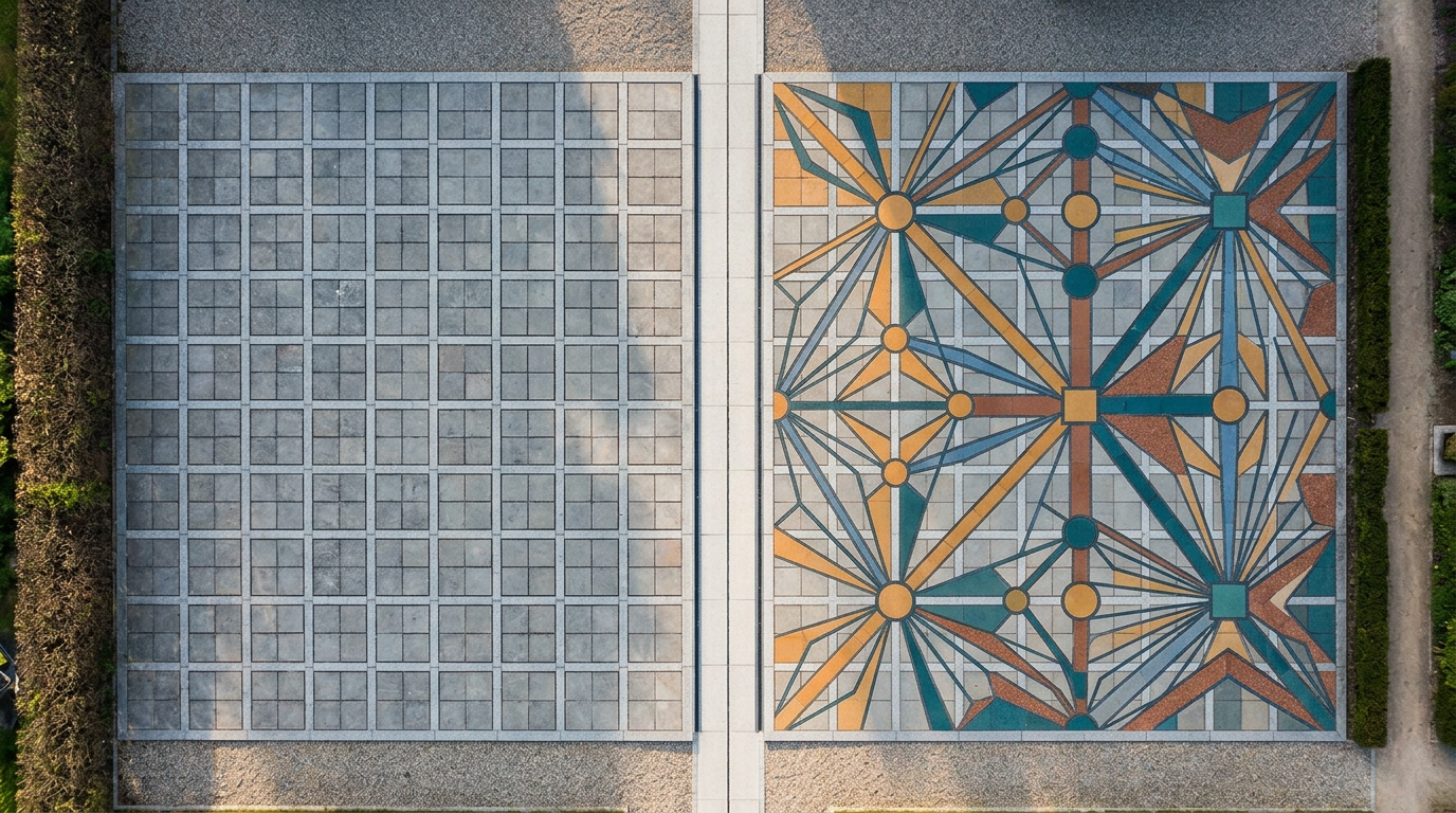 Aerial view of geometric pattern contrasting blank grid with annotated Life Path Number chart layout
