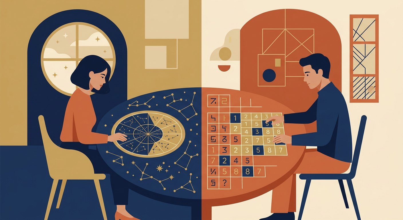 Life path number woman and man comparing sun sign astrology and numerology charts