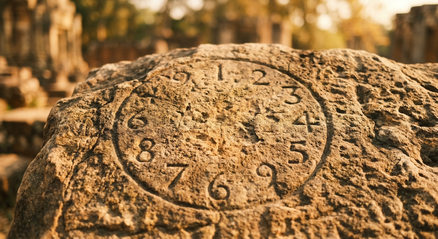 Ancient stone carving of numerology chart numbers 1-9 in warm golden light