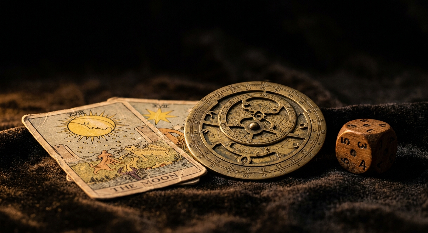 Tarot Major Arcana card, natal chart astrolabe, and numerology die in macro detail