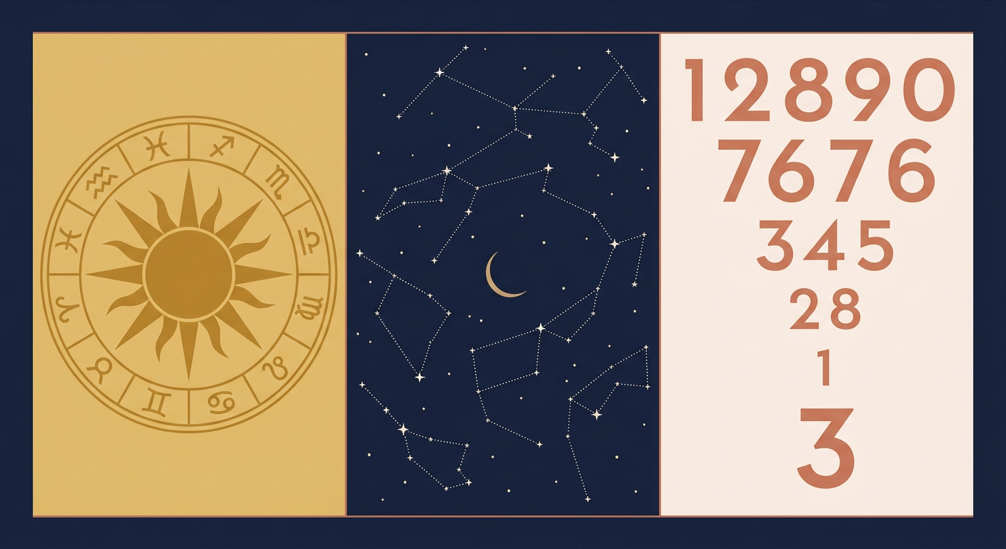 Three panels comparing tropical zodiac, sidereal zodiac Jyotish, and Life Path Number numerology systems